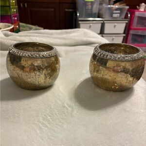 Nanette Lepore Crackle Glass Candle Holders Gold Crystals Pair